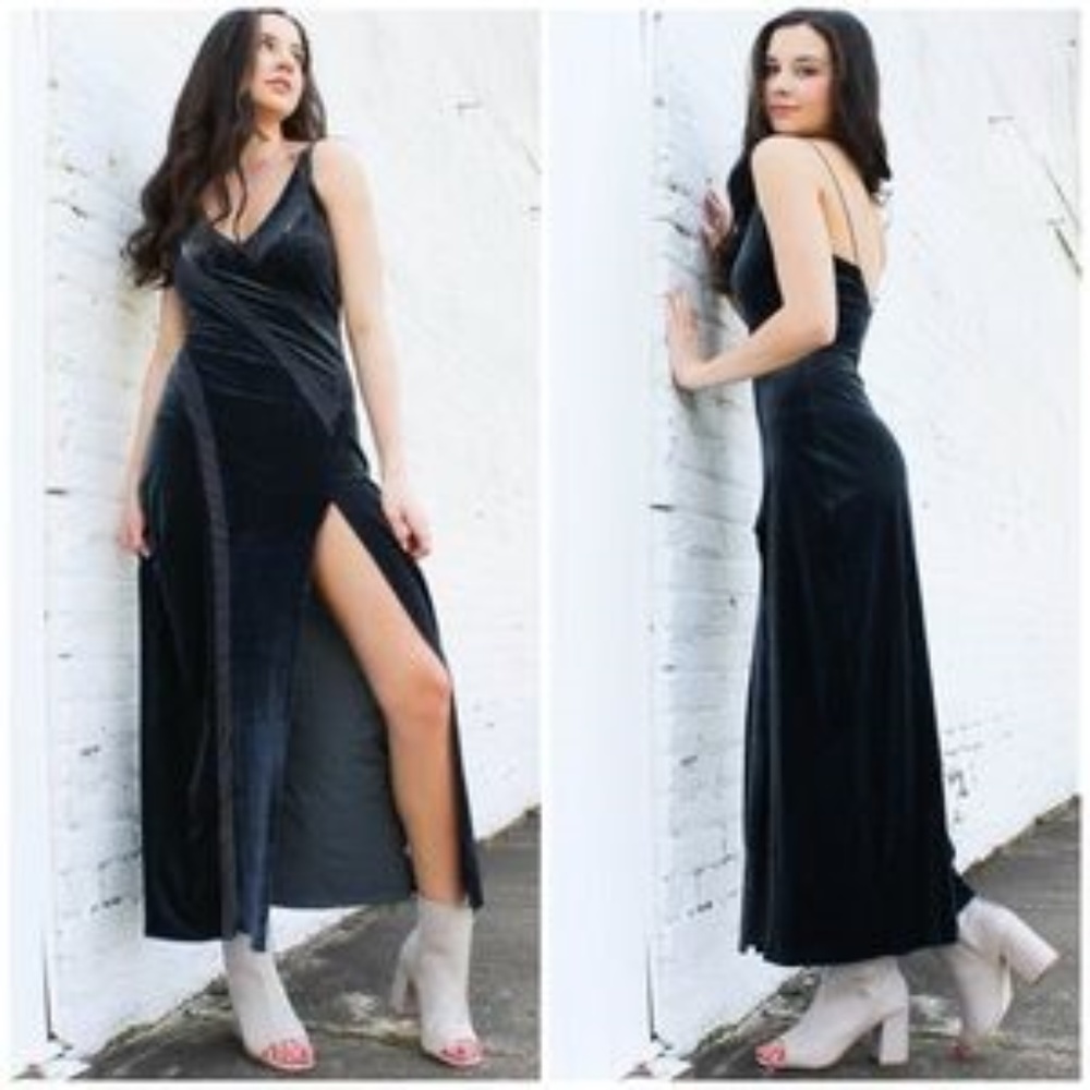 🆕  Free People Spliced Velvet High Split Maxi Dress - Picture 2 of 7